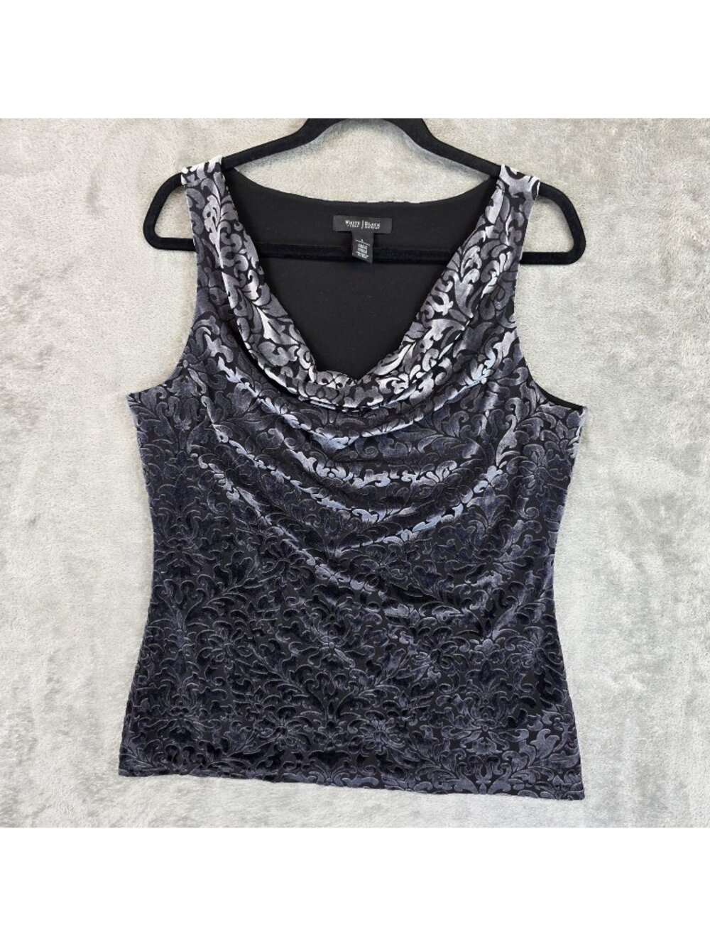 White House Black Market Tank Top Womens L Gray Velvet Floral Cowl Neck Stretch